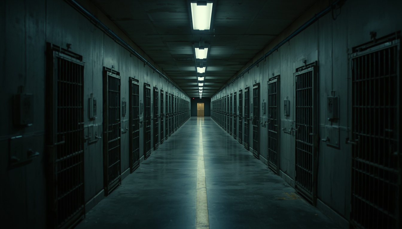 A tier of barred cell doors under strip lights, one door ajar.