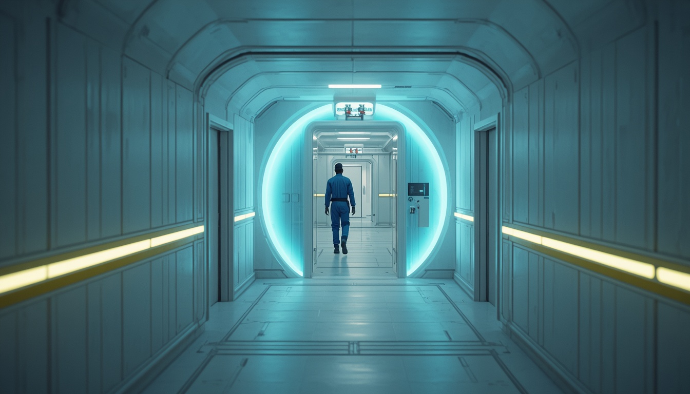 A white station corridor with a yellow hazard band and a cyan energy field across the doorway ahead.