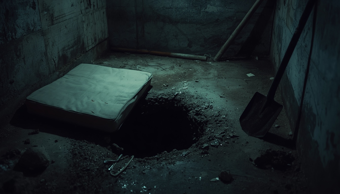 A cell floor with the mattress pushed aside and a hole dug through the concrete.