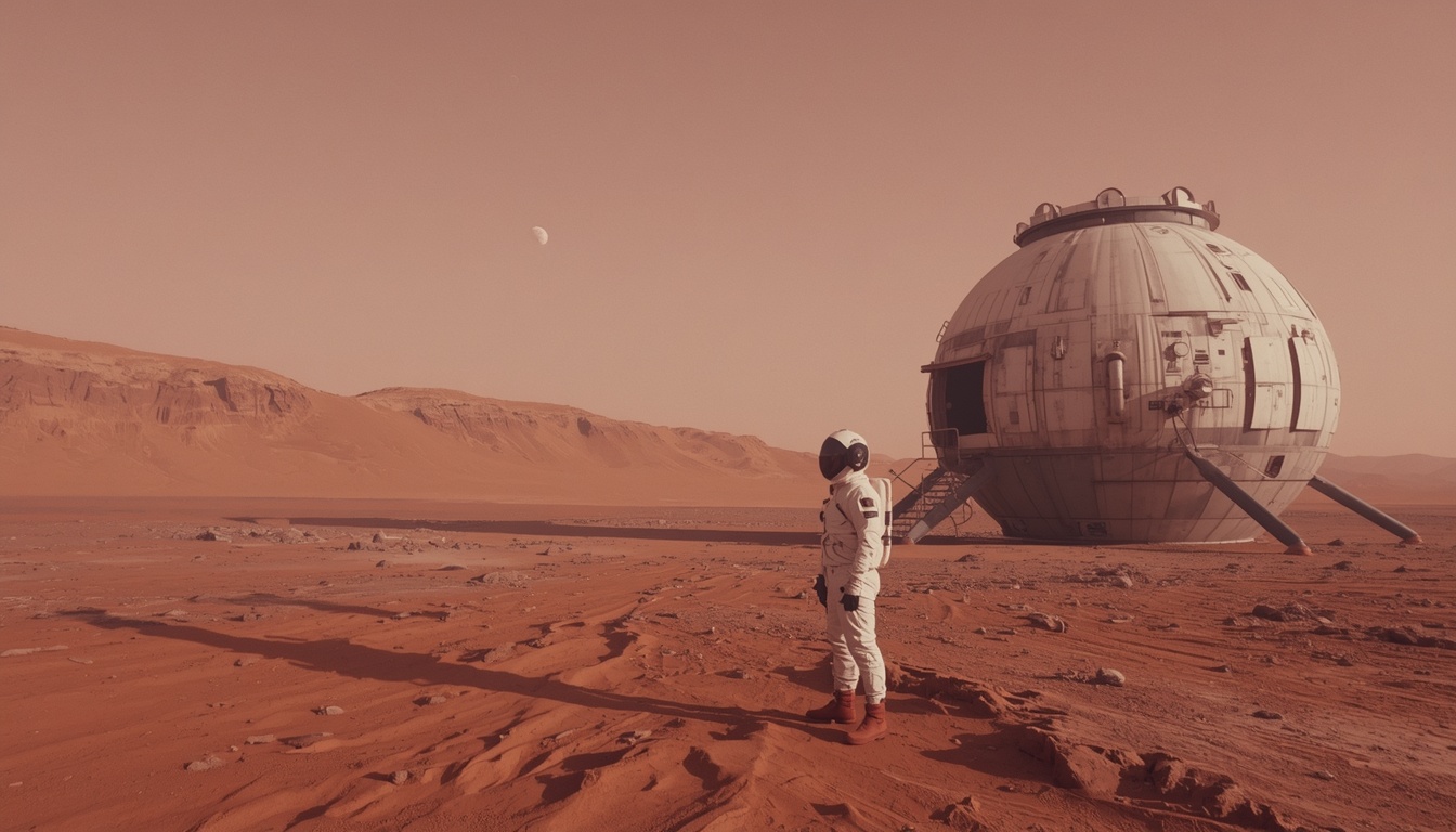 A figure in a pressure suit on red Martian ground beside the station hull.