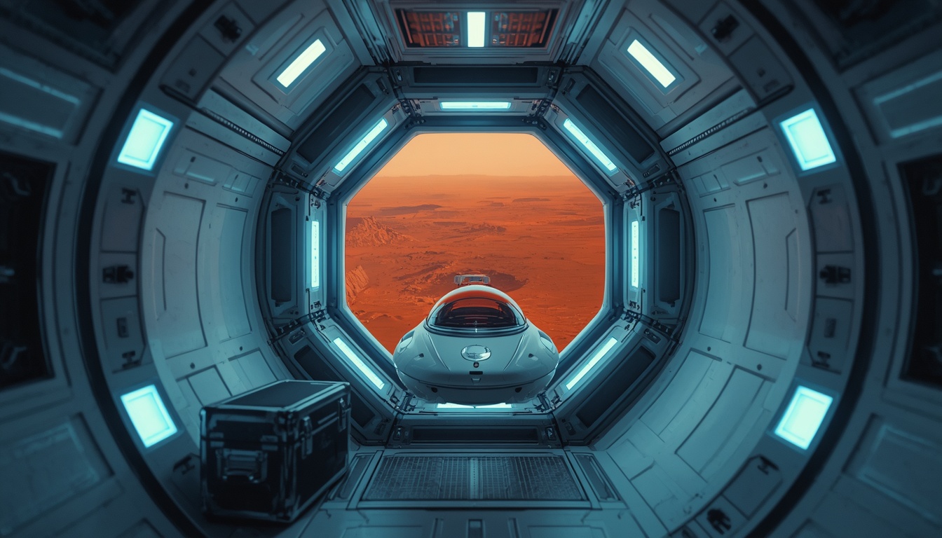 An escape pod in its cradle before a window onto the Martian surface.
