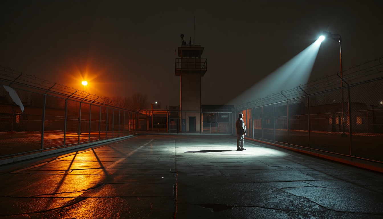 A prison exercise yard at night: a guard tower, razor wire, and one searchlight cone across wet concrete with a lone figure at its edge.